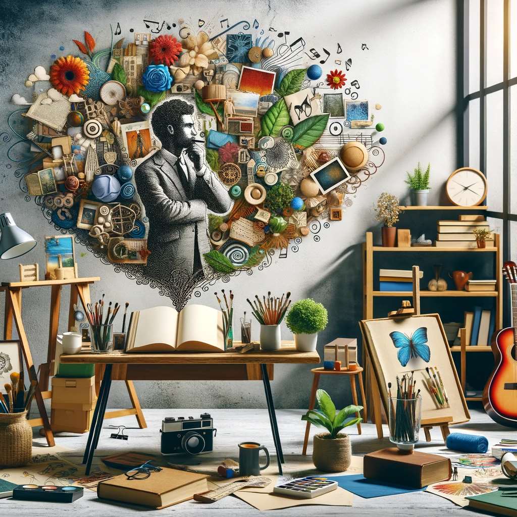 An image representing the concept of an artist finding inspiration for a new piece of art. The scene includes an artist in a studio