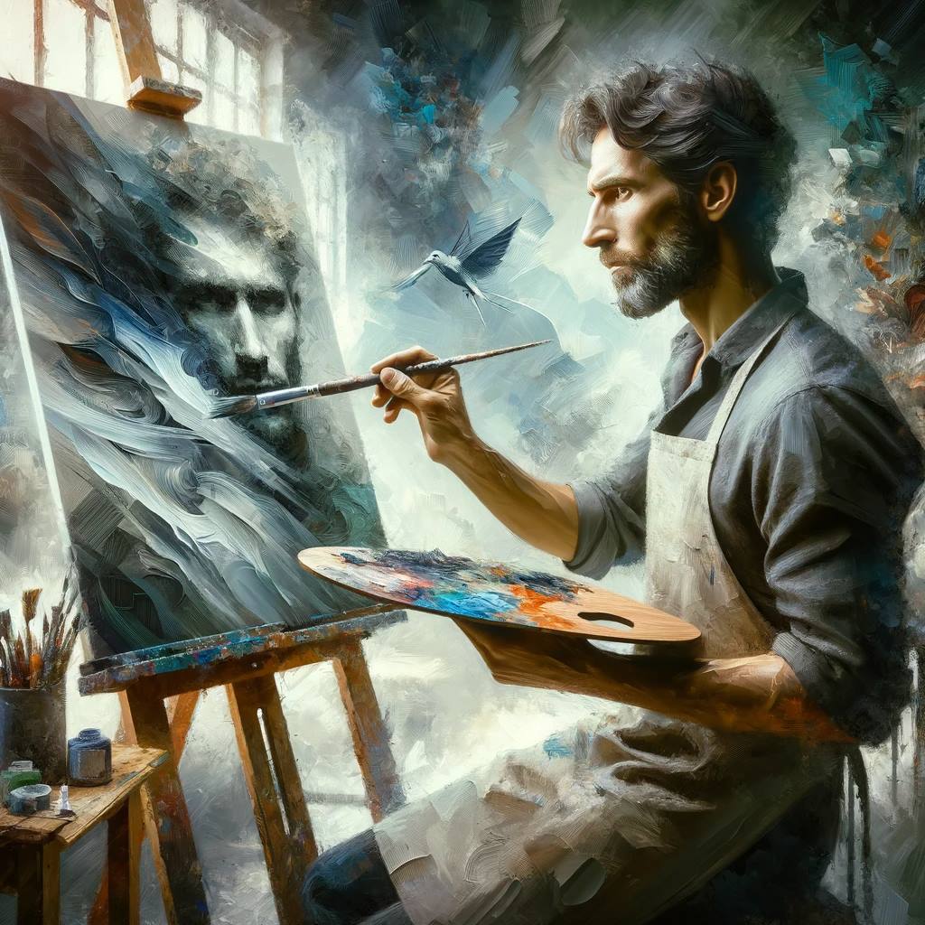 An image showing an artist holding their artwork, with a look of deep personal connection and reflection. The artist is gazing at their art