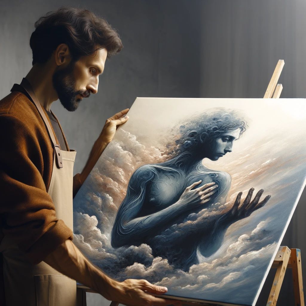 An image depicting an artist in their studio, deeply engaged in their creative process. The artist is seen using unique techniques