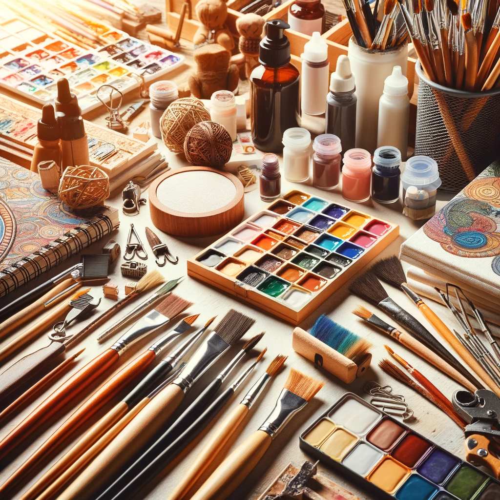 An image showing a variety of art materials like brushes, paints, canvas, and drawing tools, neatly arranged on a table
