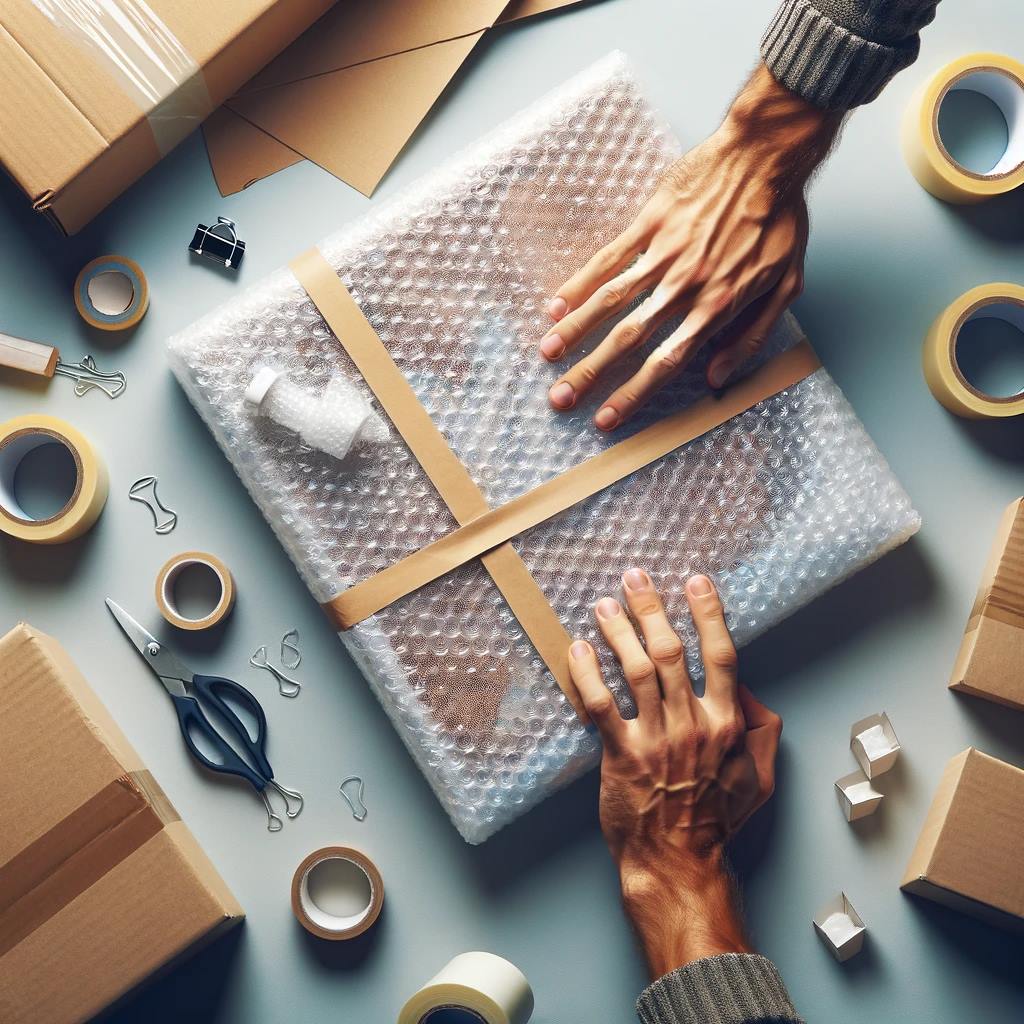 An image depicting the careful packaging of artwork for shipping, showing a canvas being wrapped in bubble wrap, with packing materials like cardboard