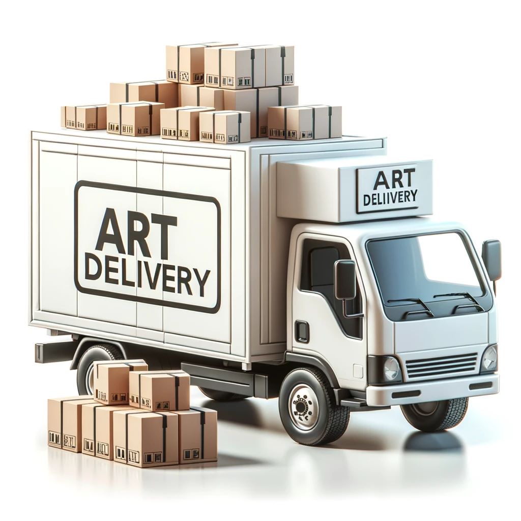 An image showing a delivery truck with art boxes being loaded into it, symbolizing the delivery aspect of artwork sales.