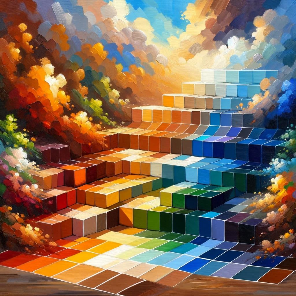 A painting showcasing the technique of using different tones of the same color in acrylic painting.
