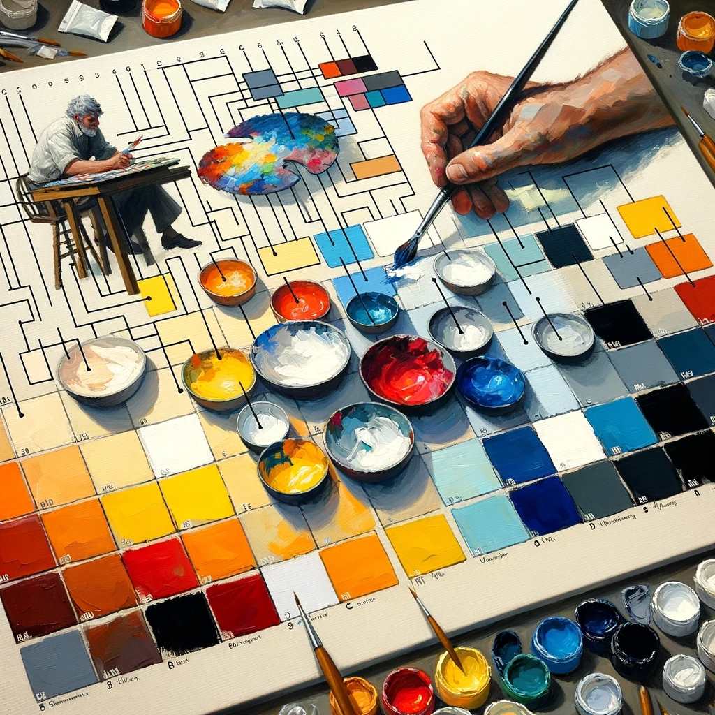  A painting illustrating the technique of mixing colors and creating a color mixing chart in acrylic painting. The image should show an artist