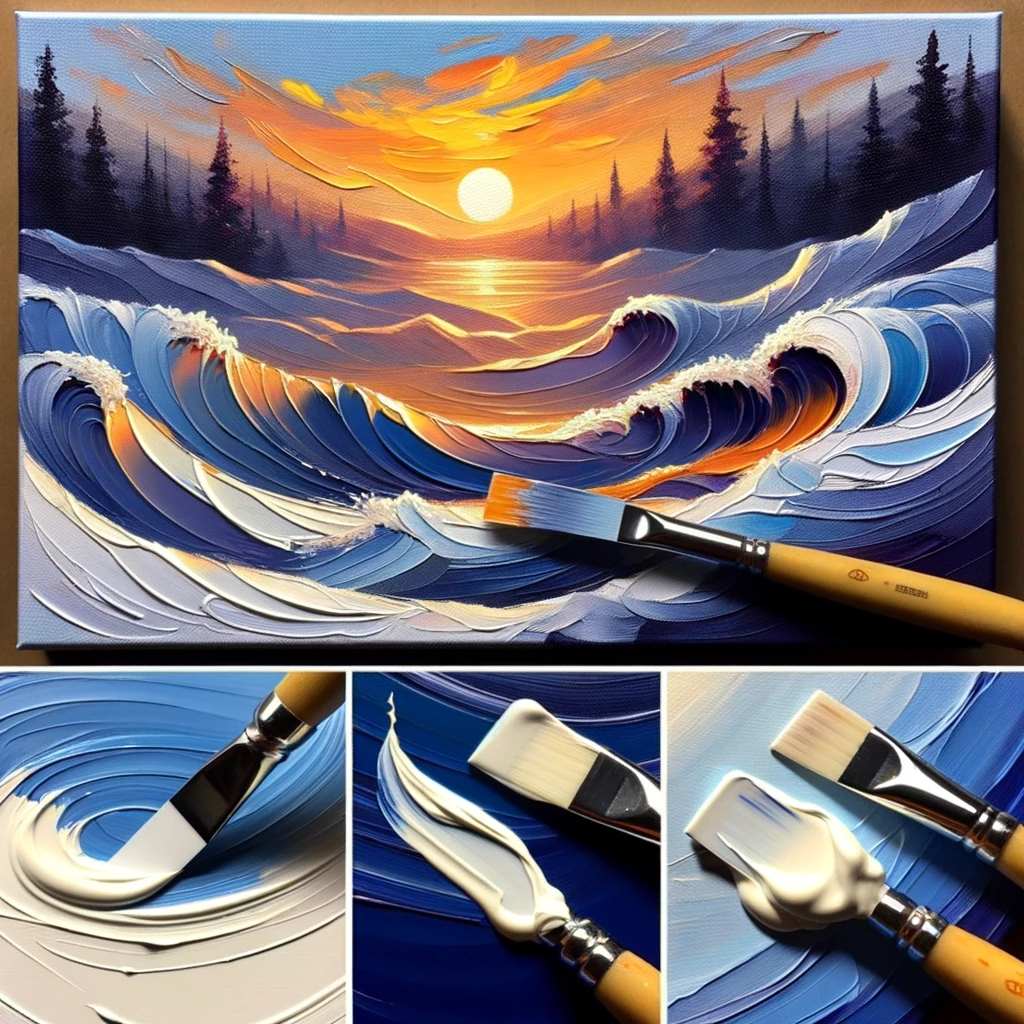 A painting showcasing the technique of using a palette knife in acrylic painting. The image should display the use of the flat side