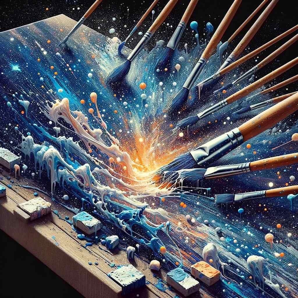  A painting showcasing the technique of splattering acrylic paints on a canvas. The image should vividly illustrate the effect of loading a brush