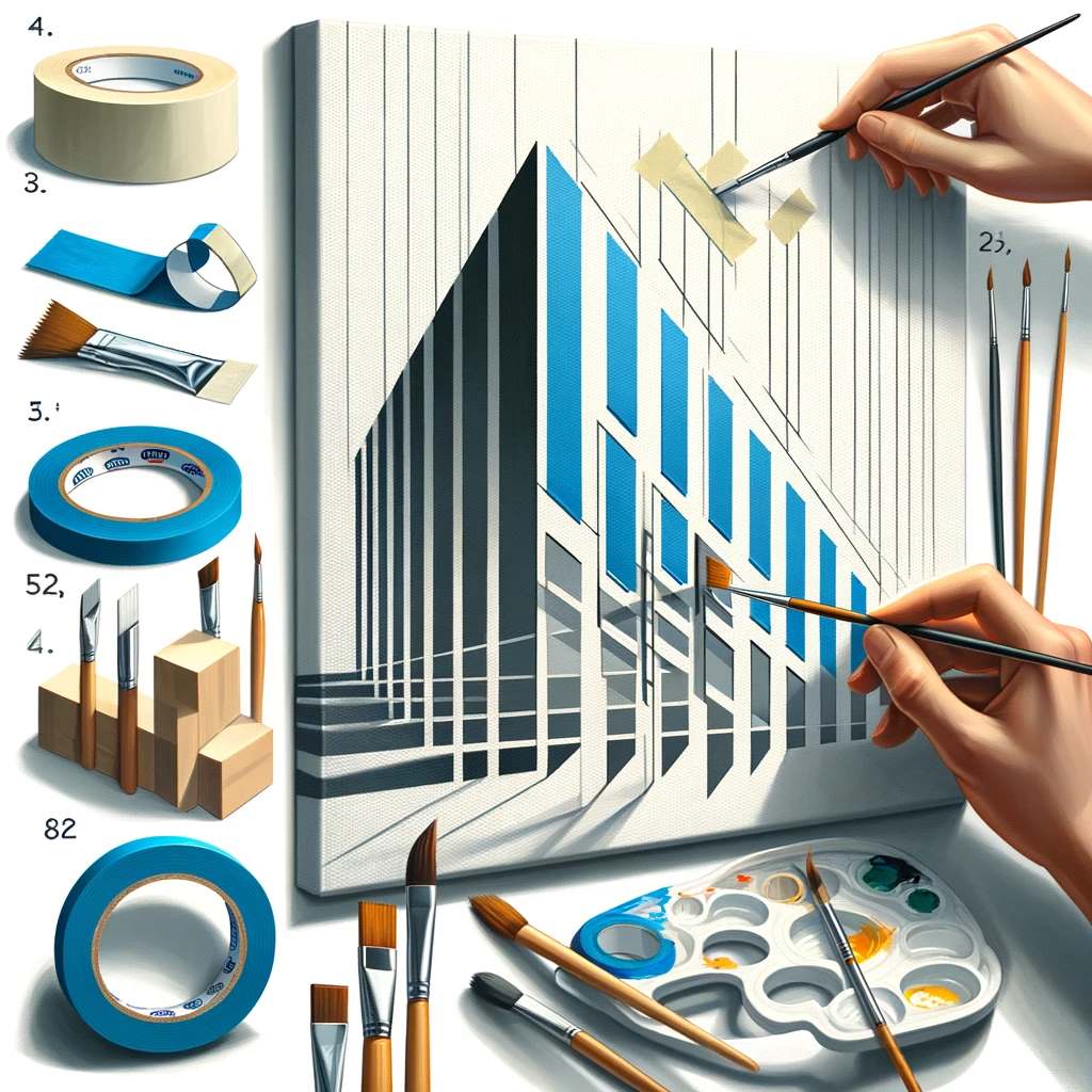  A painting illustrating the technique of using painter’s tape for clean lines and shapes in acrylic painting. The image should display the application