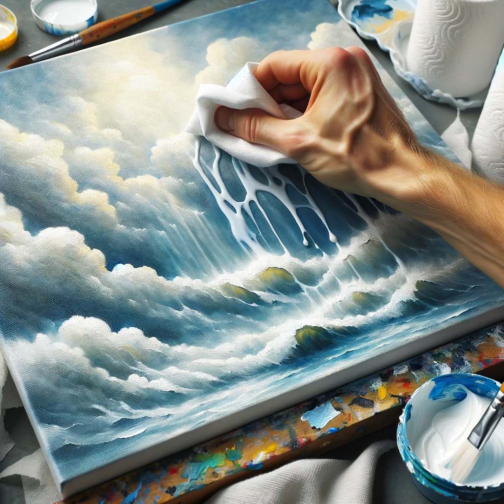 A painting showing the 'Lifting Paint for Soft Effects' technique in acrylic painting. This image should depict the process of removing or 'lifting'