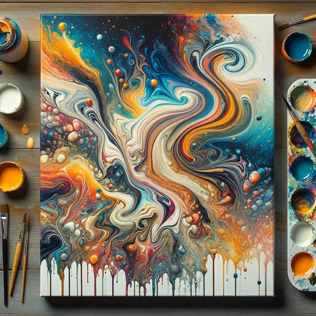 A painting demonstrating the technique of dripping and acrylic pouring in acrylic painting. The image should vividly depict the dynamic effects