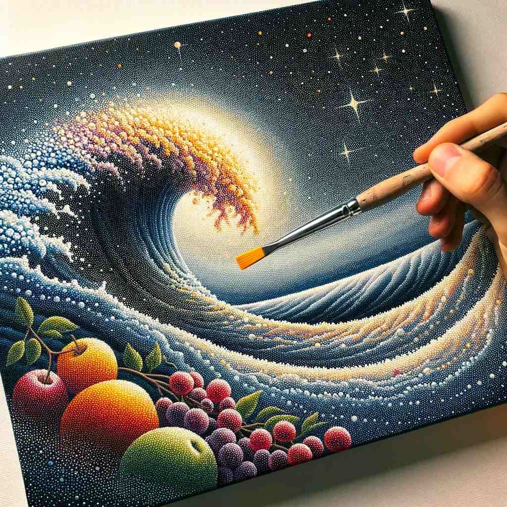 painting illustrating the stippling technique in acrylic painting. The image should show the process of creating tiny dots on the canvas