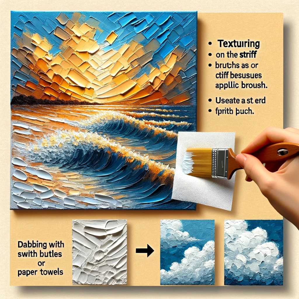Here is the image depicting the "Texturing with Stiff Brushes or Paper Towels" technique in acrylic painting.