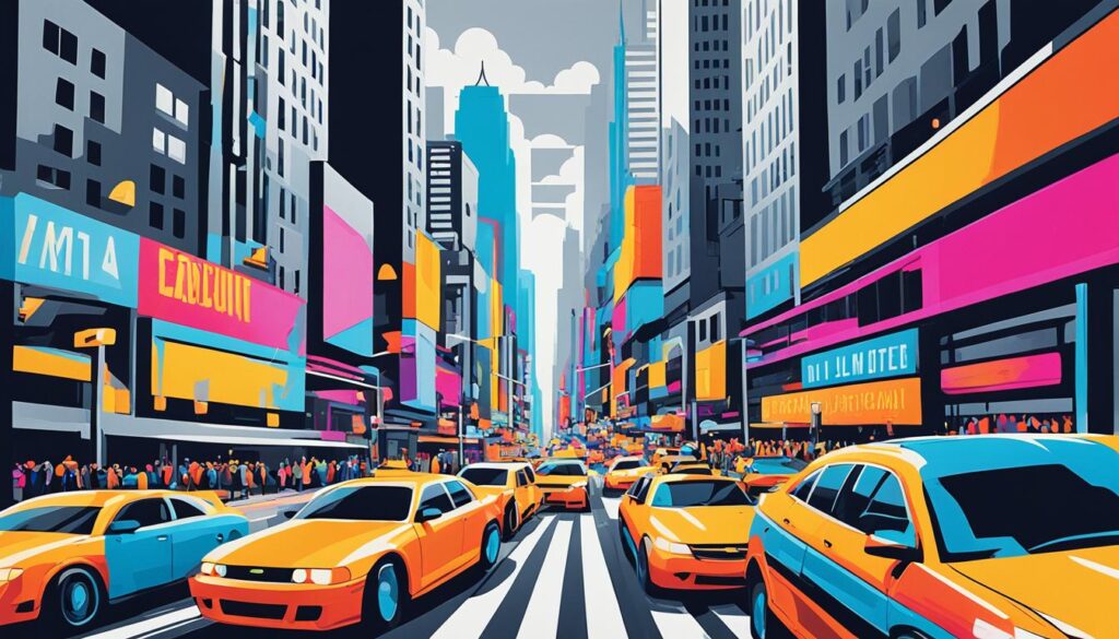 vibrant cityscape art vibrant cityscape art, Acrylics: Capture City Life Hustle & Bustle