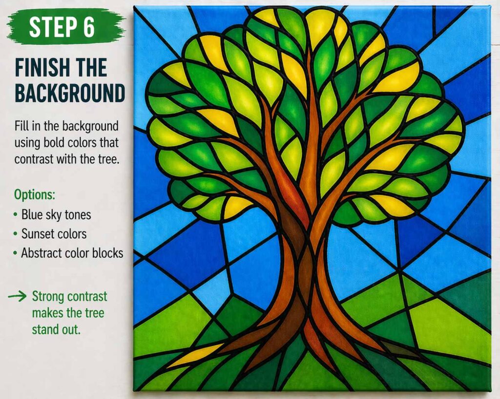 Fill in the background using bold colors that contrast with the tree