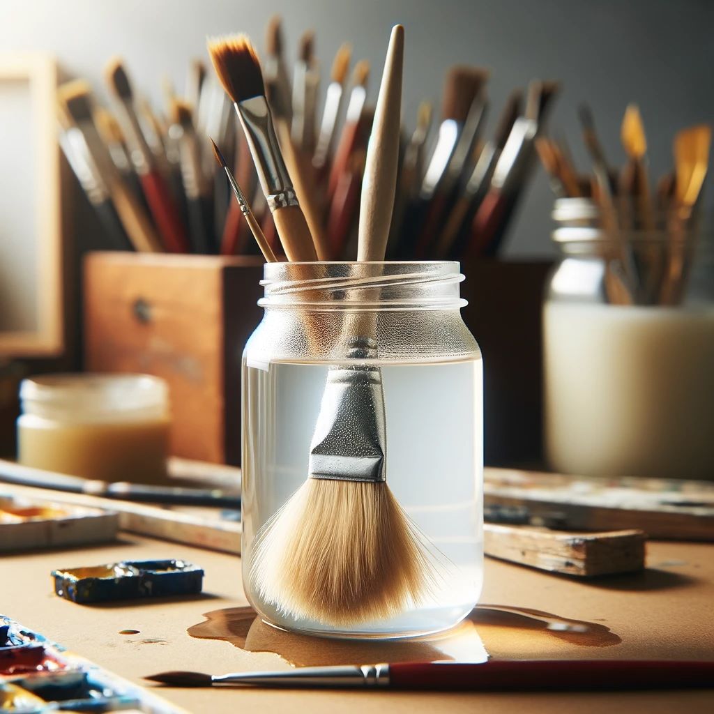 An artist's brush submerged in a jar of cleaning solution, designed to soften dry paint.