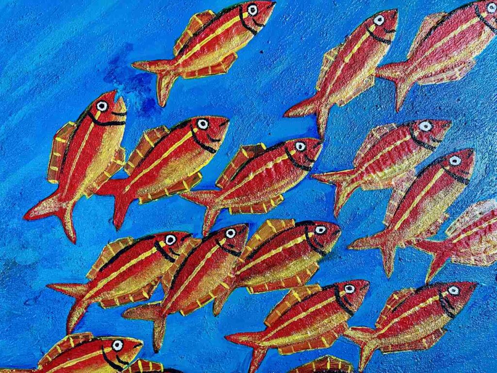 Transitioning from the individual to the collective, Wann's "The School" is a captivating depiction of unity in diversity. This piece showcases a group of fish in harmonious movement