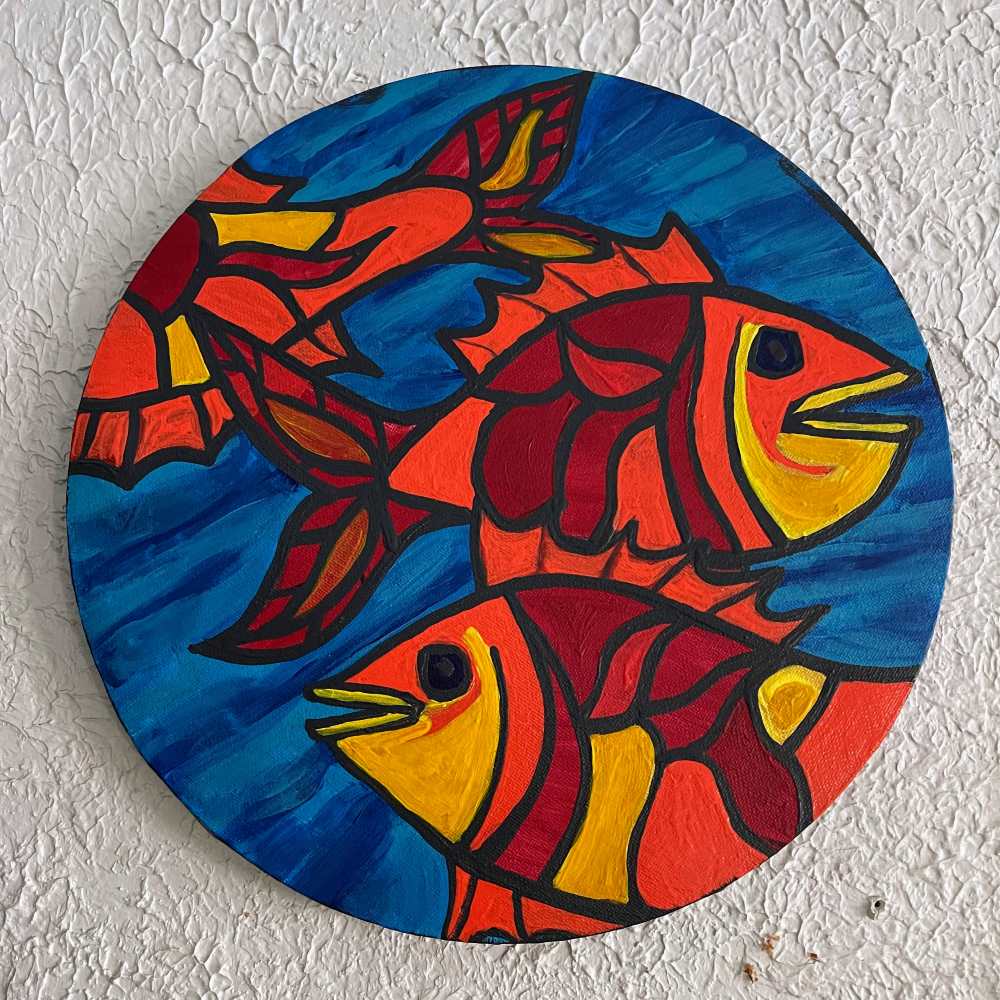 Perhaps the most visually striking, "Bright Fish" is a celebration of the diverse and vivid palette of marine life. This round painting is a kaleidoscope of colors