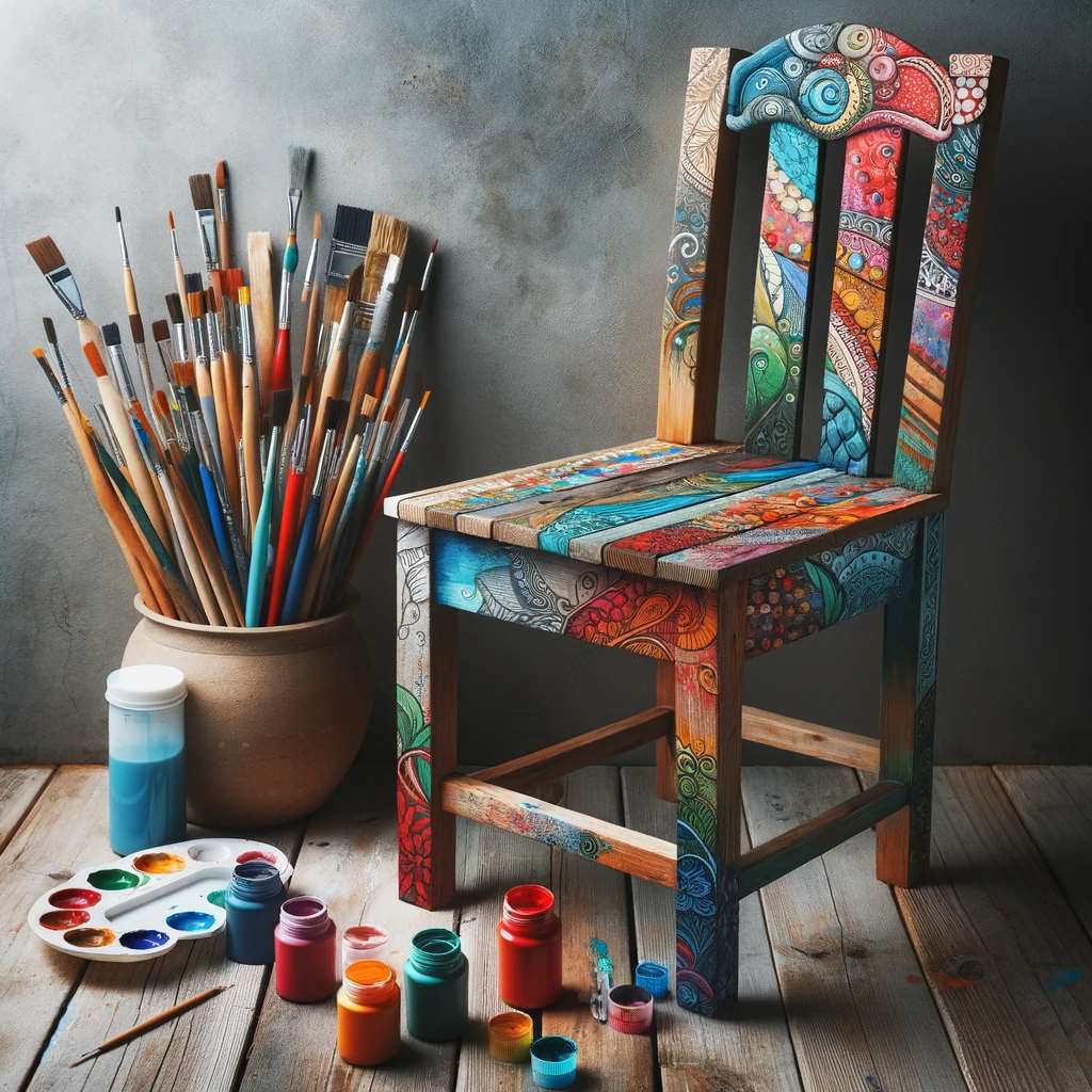 A DIY upcycled furniture project featuring a wooden chair painted with acrylics. The chair should display a colorful and artistic design