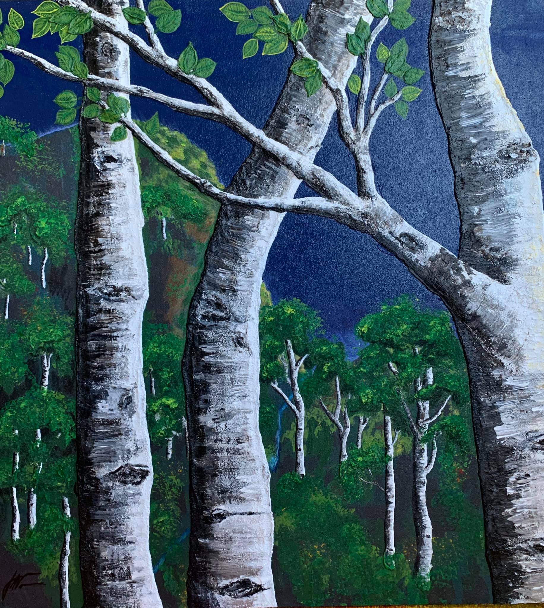 Whispering Trees is a mesmerizing acrylic and sand painting on canvas