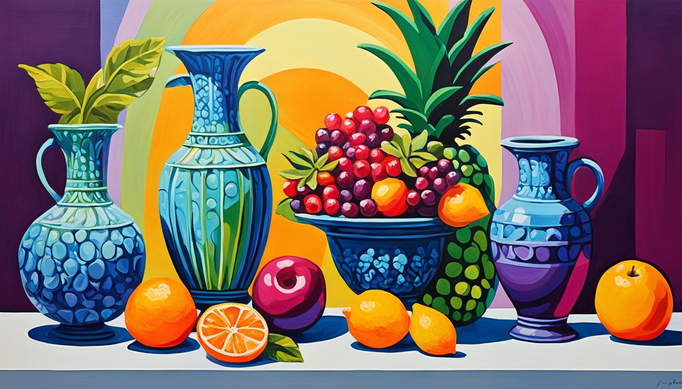 fruits, vases, and everyday items.  color, and light using arylics paints