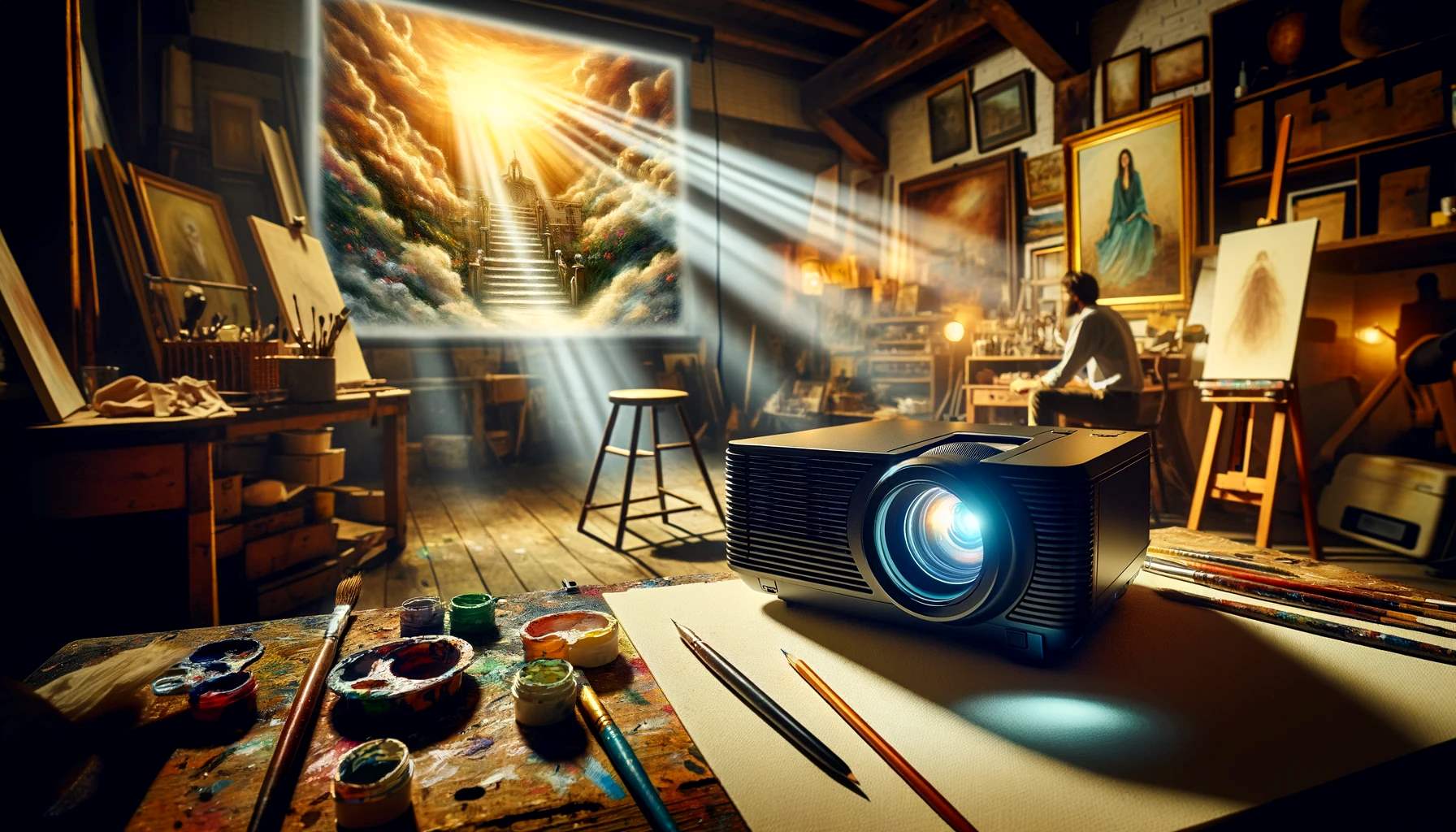 DALL·E 2024-03-18 08.41.17 - In an artist's studio filled with the gentle ambiance of creativity, a digital projector is prominently positioned, casting a bright, detailed image o