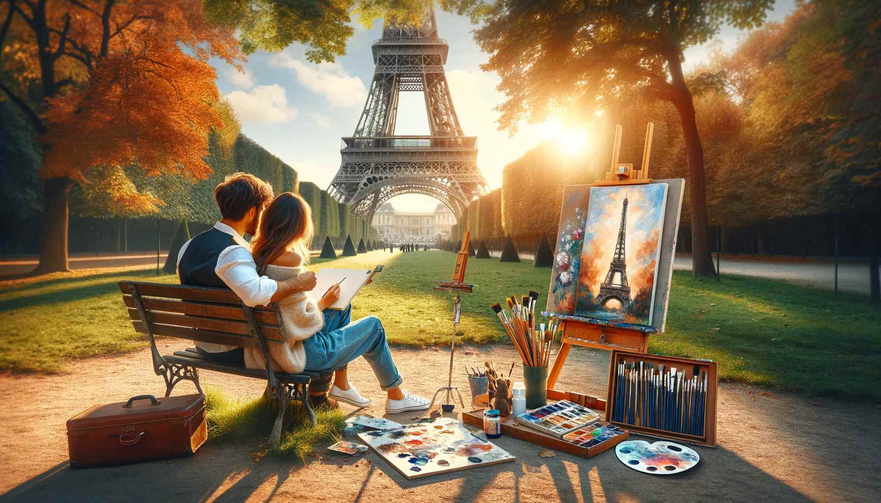 A romantic and inspiring scene of a couple sitting on a park bench in front of the Eiffel Tower, deeply engrossed in painting.