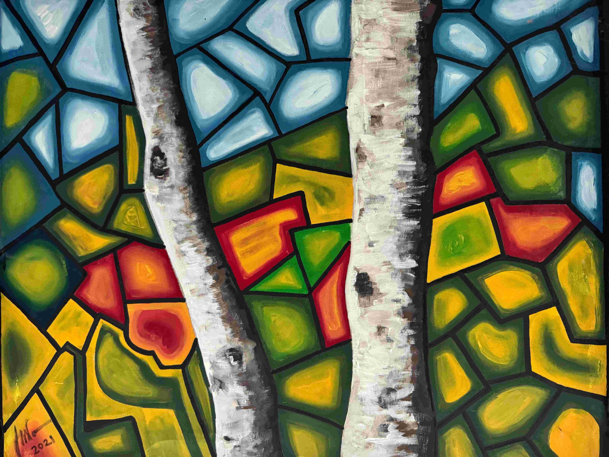 Colorful abstract trees and stain glass background
